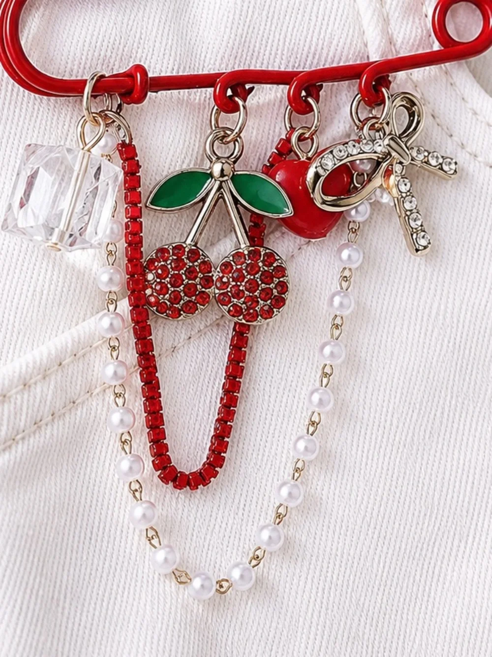 Multi Charm Red Safety Pearl Pin Brooch